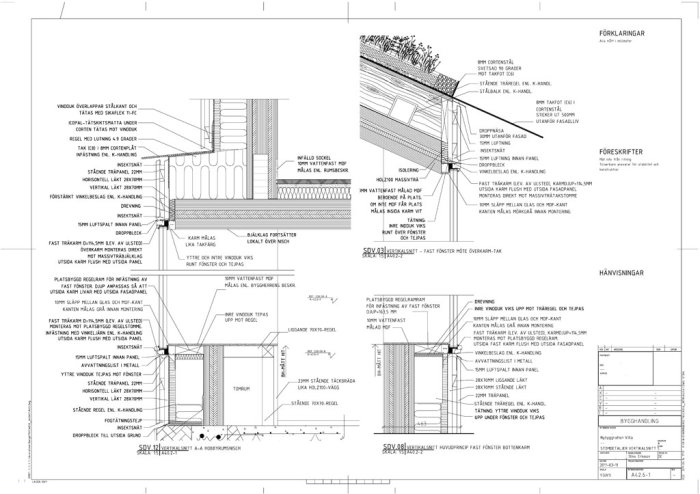 Arkitektoniskt detaljdiagram och snitt av vägganslutning med annotationer.