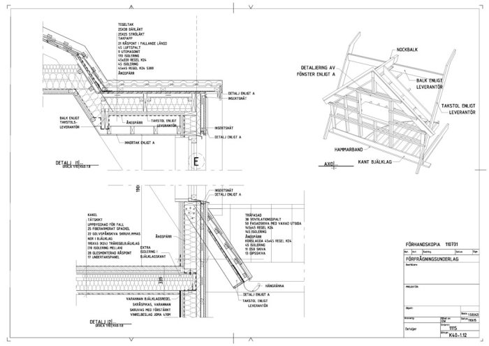 Arkitektonisk ritning av en byggkonstruktion med detaljerade sektioner och materialbeskrivningar.