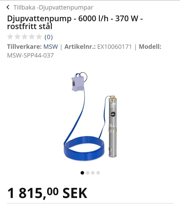 Djupvattenpump och blå slang med information om pris och produktdetaljer.