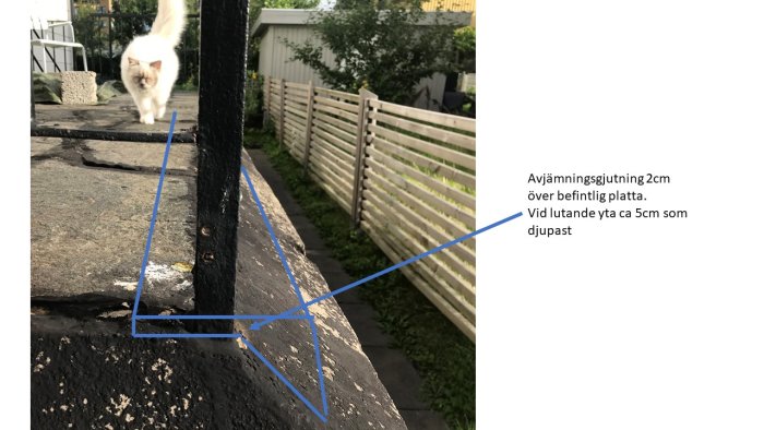 Garagetak belagt med skiffer, blivande plats för uterum, markerade områden för avjämning och en vit katt i bakgrunden.