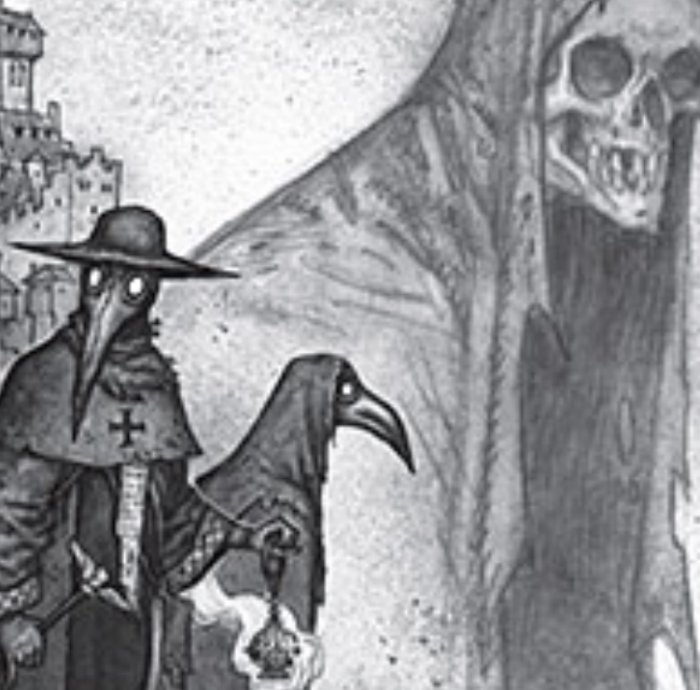 Illustration av en pestdoktor med karakteristisk näbbläkarmask och dödens skepnad.