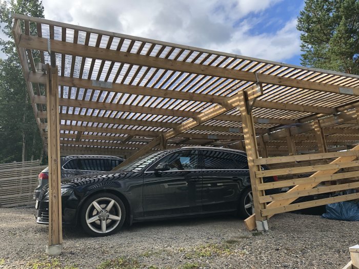 En carport med träkonstruktion och täckt tak med bil parkerad under, i dagsljus, klar för belysningsförbättringar.