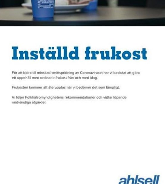 Informationsblad som meddelar om inställd frukost på rörgrossisten Ahlsell p.g.a. coronavirus.