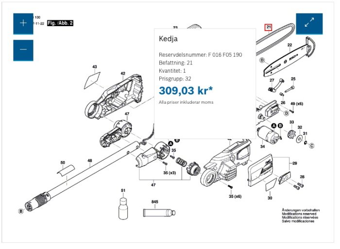 Exploded view diagram showing parts of a Bosch chainsaw with prices, highlighting the chain costing 309 SEK.