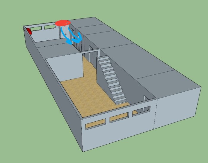 3D-modell av ett hus som visar förslagen placering av ventilationsenhet i rött på övervåningen.