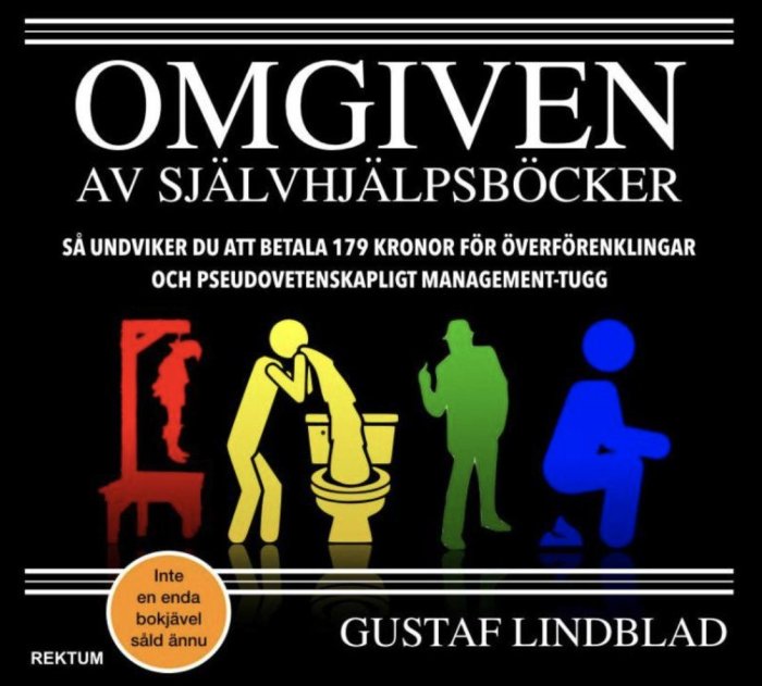 Satirisk bokomslag "Omgiven av självhjälpsböcker" med färgglada silhuetter av människor och toalett.