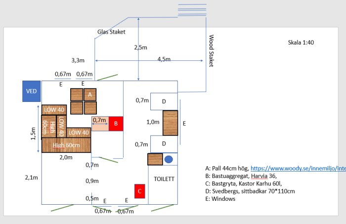 Ritning av en planlösning för en bastu och tvättrum med mått, aggregat och toalett markerade.