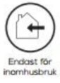 Symbol för "Endast för inomhusbruk" med en pil riktad inåt mot en husikon.