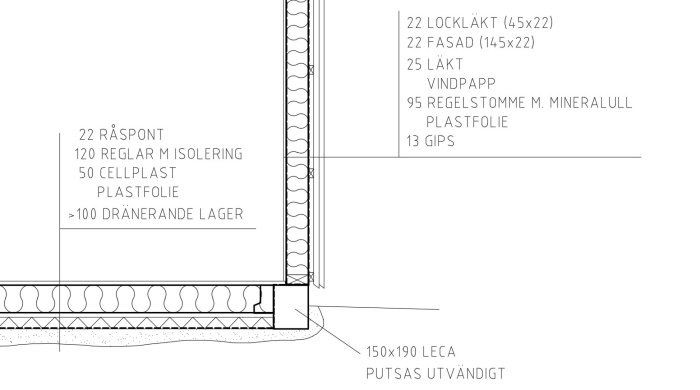 Sektionsritning visar lager och isolering för golv och vägg i ett byggprojekt, inklusive mått.