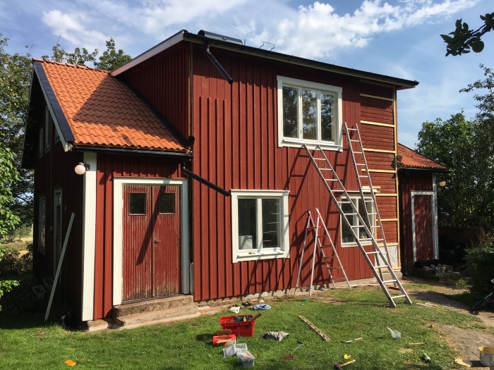 Hus med två taknivåer, stuprör ner till hängränna och verktyg utspridda på gräsmattan.