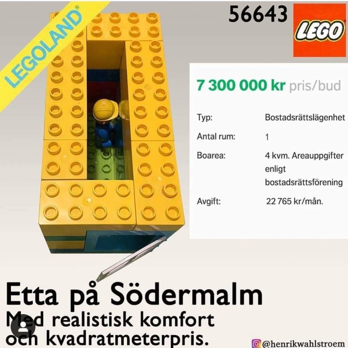 Humoristisk bild av ett litet Lego-hus som liknar en bostadsannons med info om pris och avgift.