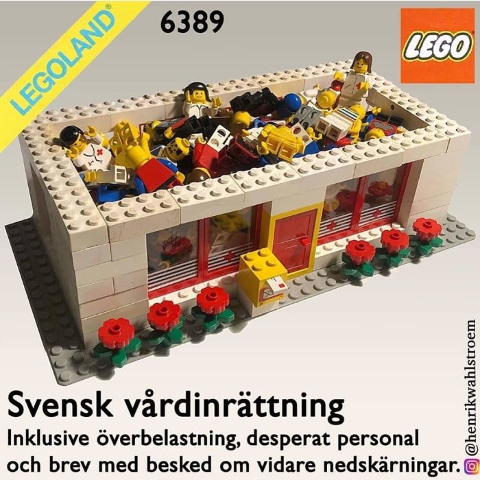 Lego-byggsats föreställande en överbelastad svensk vårdinrättning med Lego-figurer och detaljer.