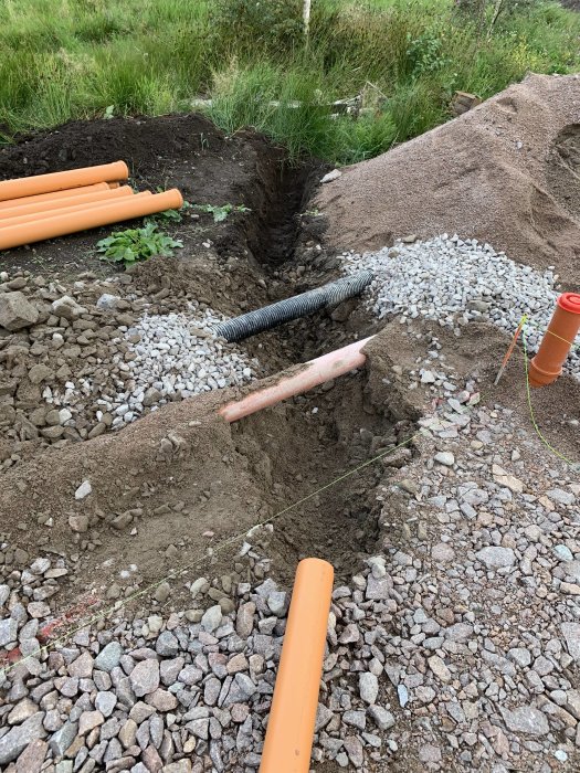 Grävd grävning med inkommande vattenledning och rörisolering, under dagvatten och dräneringsledningar.