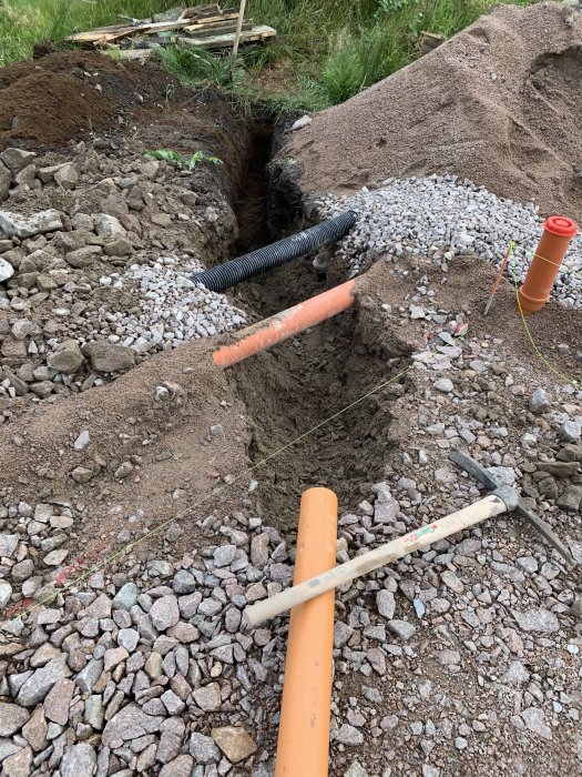 Grävd grävt med synliga rör för vatten och isolering under arbetet med husets installationer.