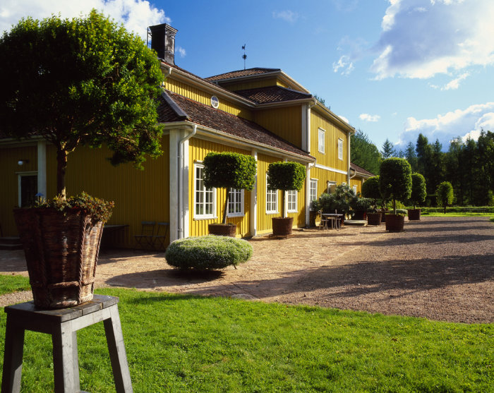 Traditionellt gult svenskt trähus med vita fönster och gröna trädgårdsväxter under solig himmel.