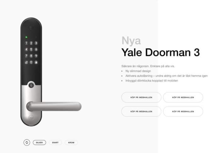 Yale Doorman 3 elektroniskt lås med kodpanel och handtag visas i silverfärg.
