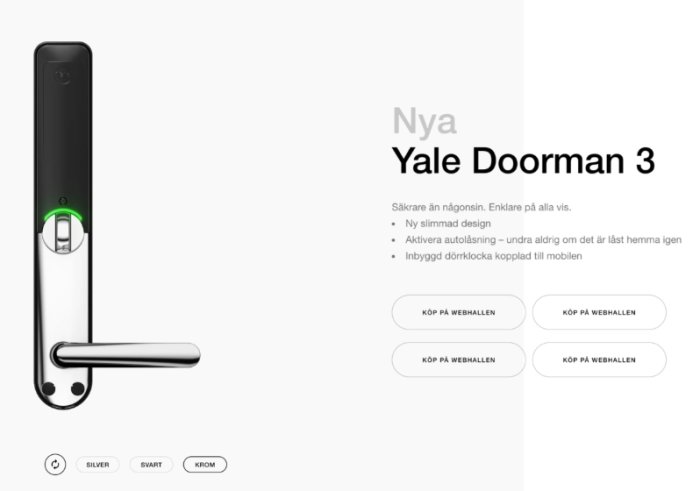 Yale Doorman 3 elektroniskt lås på dörr, modern design, med funktioner beskrivna på sidan.