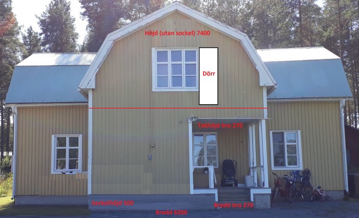 Hus med gult lockläktfasad, redigerade mått och markerad dörrposition för planerad utbyggnad.