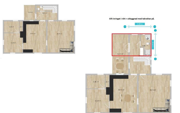 Ritning av hus med planerad utbyggnad markerad i rött, inklusive mått och layout för platstak och balkong.