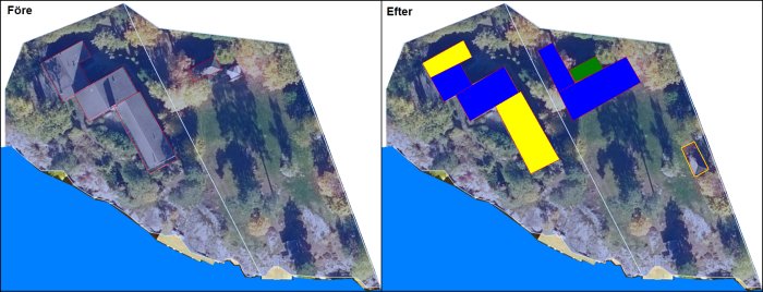 Flygbild före och efter omplanering av två fastigheter med markeringar för byggnader och nytt användningsområde vid sjö.