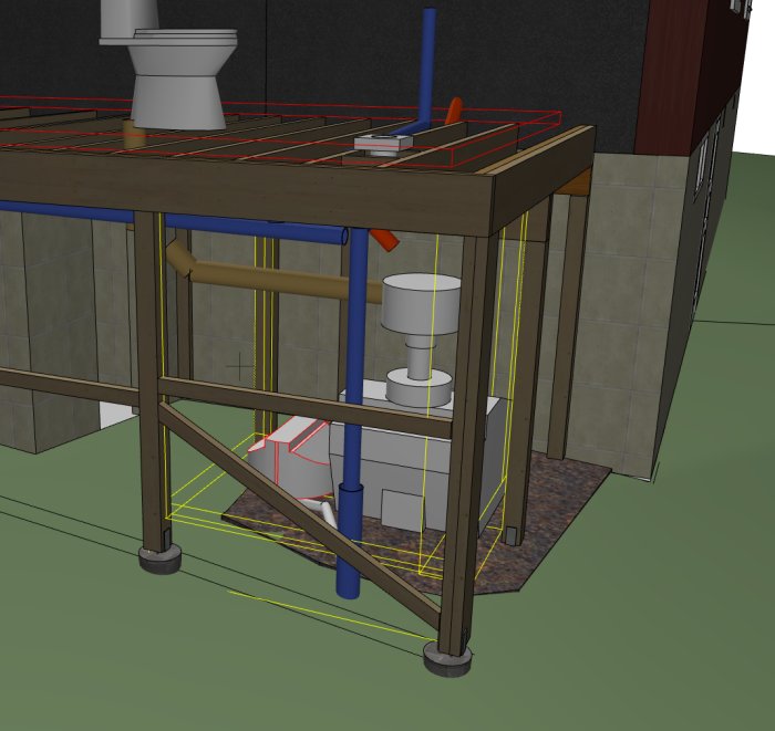 3D-modell av krypgrund med synligt berg, isolering, rörinstallationer och en Aquatron-enhet.