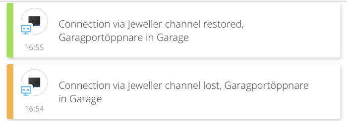 Skärmdump av systemmeddelanden om förlorad och återställd anslutning för en garageportsöppnare.