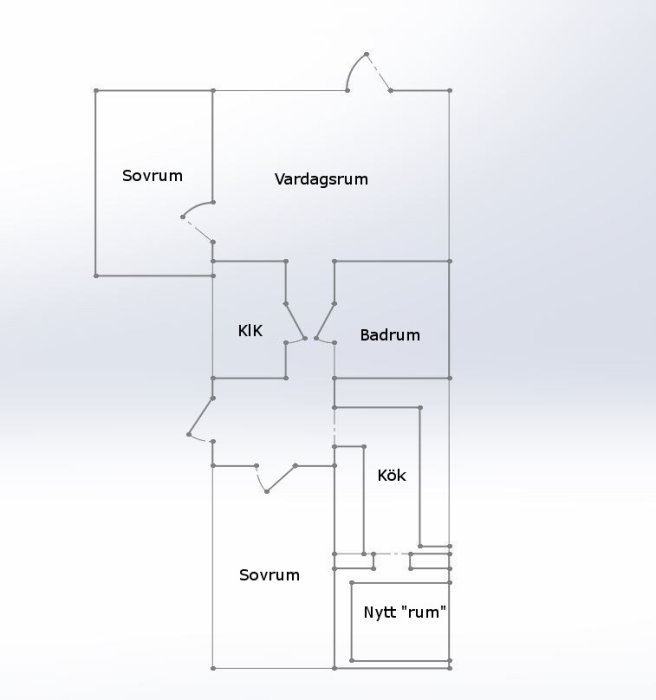 Enkel planritning av en lägenhet med rum betecknade som Sovrum, Vardagsrum, KIK, Badrum, Kök och Nytt 'rum'.