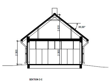 Ritning av ett stall i sektion med måttangivelser, nockhöjd under 5 meter och loft.