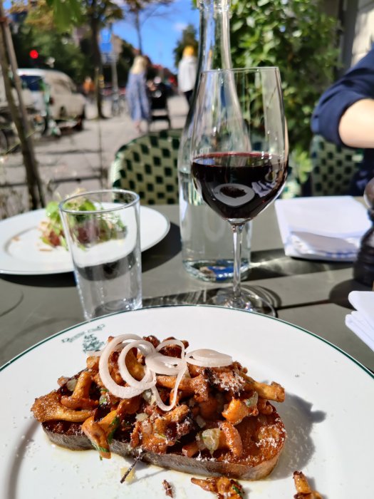 Kantarellmacka på tallrik med ett glas rödvin utomhus på en solig dag.