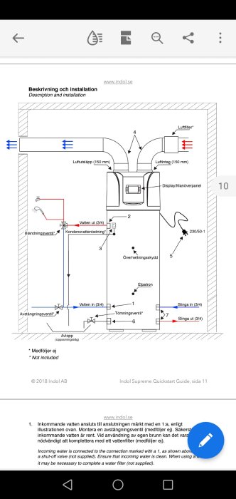 Ritning på frånluft varmvattenberedare med anvisningar för koppling av vvc ledning och pump.