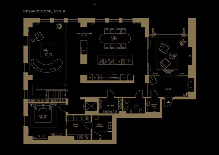 Ritning över entréplan för 6-rumslägenhet med detaljer av varje rum och möblemanget.