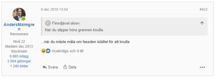 Skärmdump från forumdiskussion med profilbild och kommentarer från användare.