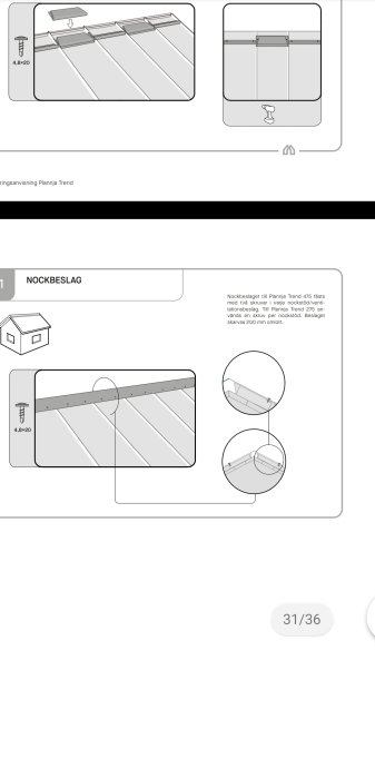 Illustration av montering av nockbeslag på Plannja Trend 475 takplåtar, inklusive skruvar och överlappningar.