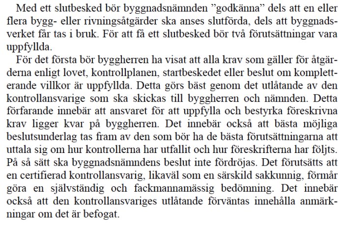 Bild på en textavsnitt som förklarar hur slutbesked bör godkännas enligt byggnadsnämnden.