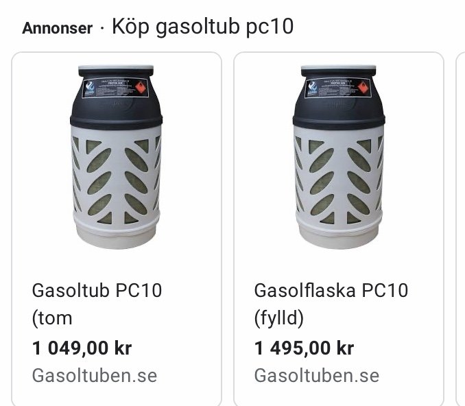 Två gasoltuber PC10, till vänster tom och till höger fylld, med prisinformation.