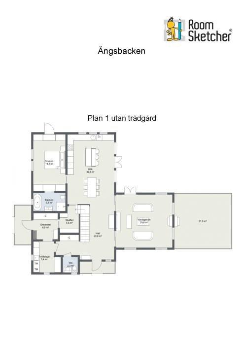 Uppdaterad planritning av huset "Ängsbacken" med tydligt markerade rum som kök, sovrum, vardagsrum och hallar.