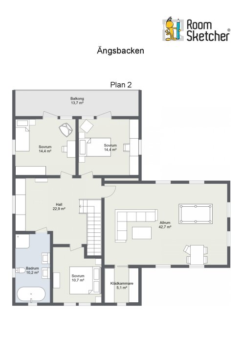 Ritning av en planlösning för en bostad med sovrum, allrum, balkong och hall markerade och uppmätta.