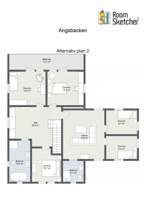 Ritning av 'Ängsbacken' alternativ plan 2 med fyra sovrum, två badrum, allrum, hall och balkong.