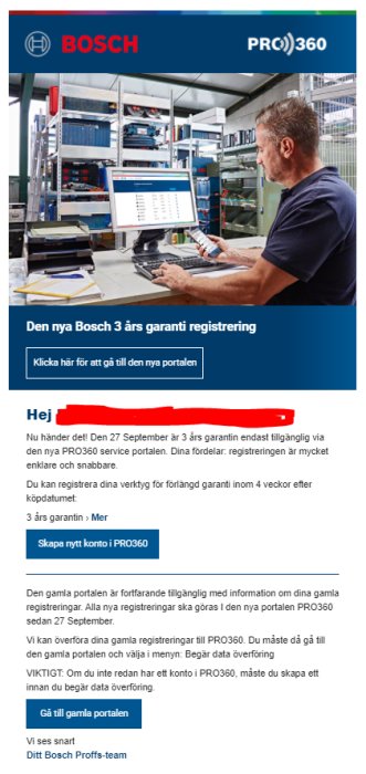 Man vid arbetsbänk använder dator med Bosch PRO360 registreringssida på skärmen.