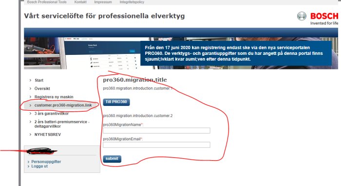 Skärmbild av Bosch serviceportal för registrering av verktyg med fälten för namn och e-post ifyllda.