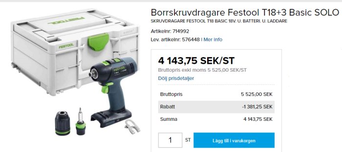 Festool T18+3 Basic SOLO borrskruvdragare med prisinformation, utan batteri och laddare.