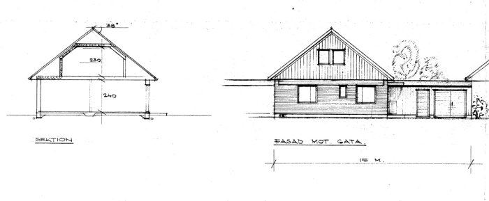 Ritningar av ett 1½-planshus, sektion och fasad mot gata, med måttangivelser för renoveringsprojektet.