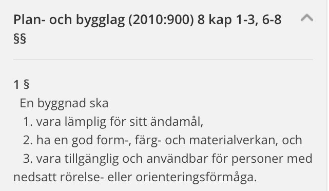 Texturtag från Plan- och bygglagen (2010:900) med krav för byggnader gällande ändamål, form och tillgänglighet.