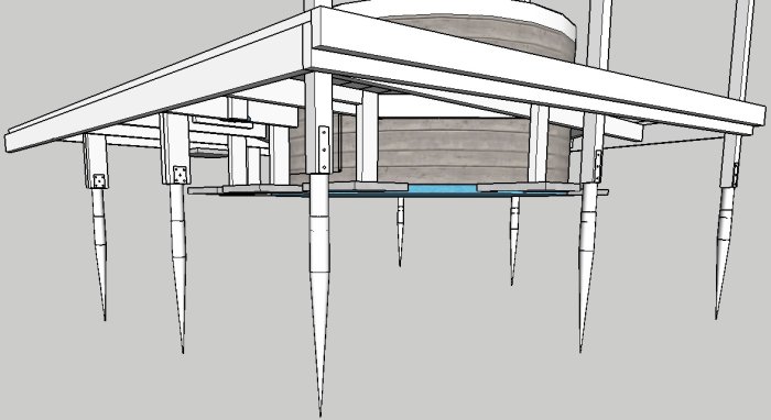CAD-ritning av trädäcksunderkonstruktion med reglar, stolpar och Spabad.