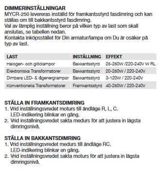 Instruktionsblad med tabell över dimmerinställningar för olika ljuskällor och steg-för-steg instruktioner för främ- och bakkantsdimring.