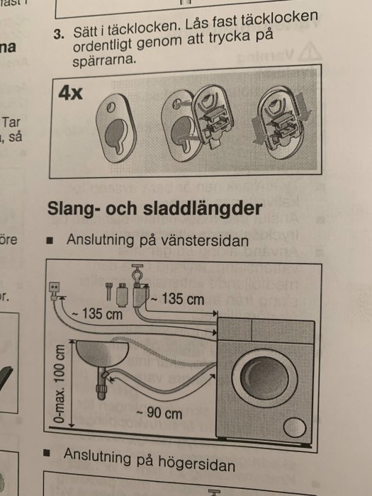 Instruktionsbild som visar rätt slang- och sladdlängd samt anslutning för tvättmaskin.