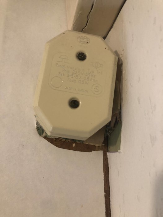 Renoveringstapet runt en vägguttag med synliga skarvar och ojämnheter som behöver åtgärdas före målning.