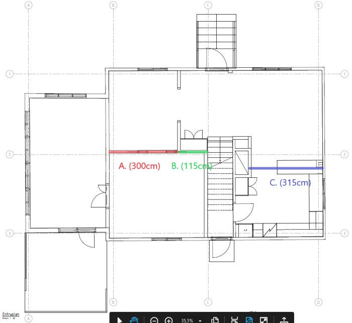 Arkitektritning över entréplan, med markerade delar A och B på en vägg och en balk C, med dimensioner angivna.