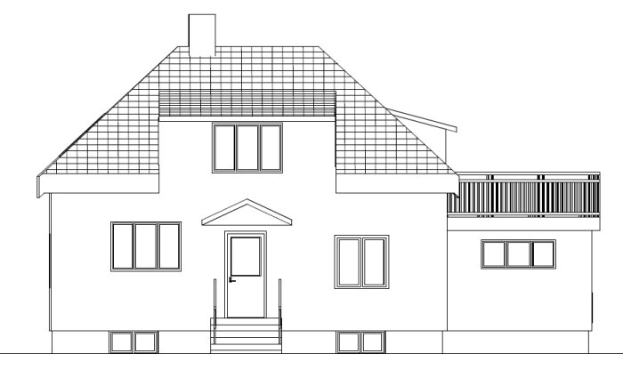 Arkitektonisk ritning av ett tvåvånings plankhus från 1938 med detaljerad fasad, fönster, dörr och skorsten.