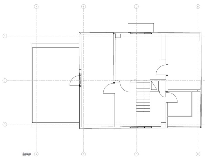 Svartvit ritning över entréplan i ett hus markerat med A, B och C för att visa planerade ändringar.